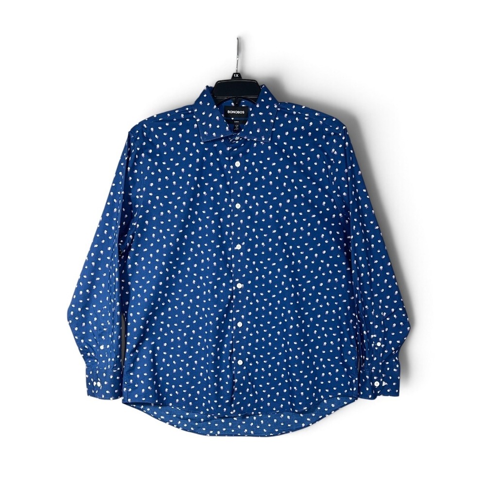Bonobos Button Down Shirt Mens 17.5 35 Blue Floral Slim Fit Cotton Stretch